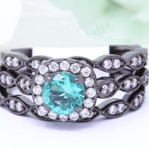 Three Piece Round Art Deco Black 925 Sterling Silv